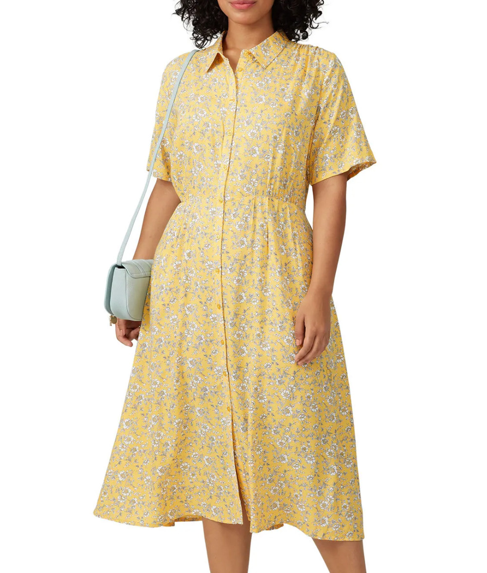 Junarose Yellow Calico Midi Shirt Dress Size 22 Work Career Floral Blouson $69